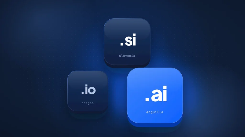 Three domain extension tiles reading .io, .si and .ai, with the .ai tile highlighted, for a guide to .ai domain prices and rules