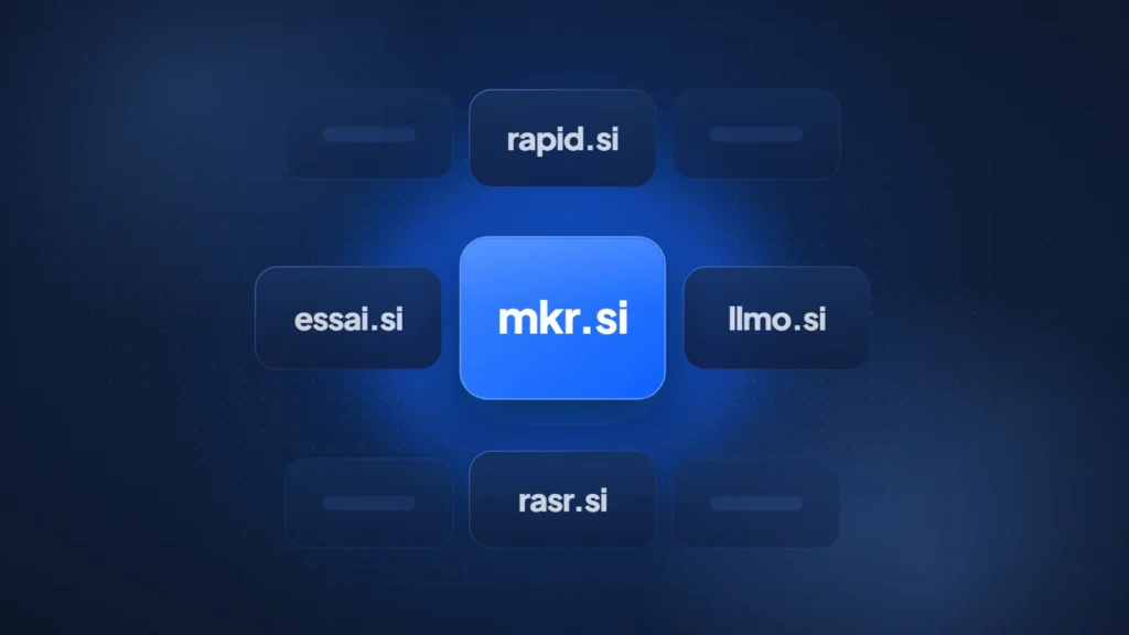 Five .si name cards, rapid.si, essai.si, llmo.si and rasr.si, with a highlighted mkr.si in the center