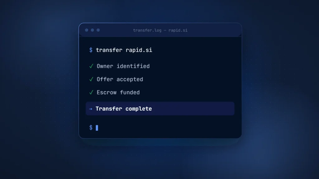 Terminal window running transfer rapid.si with checked lines Owner identified, Offer accepted and Escrow funded, and a highlighted Transfer complete line