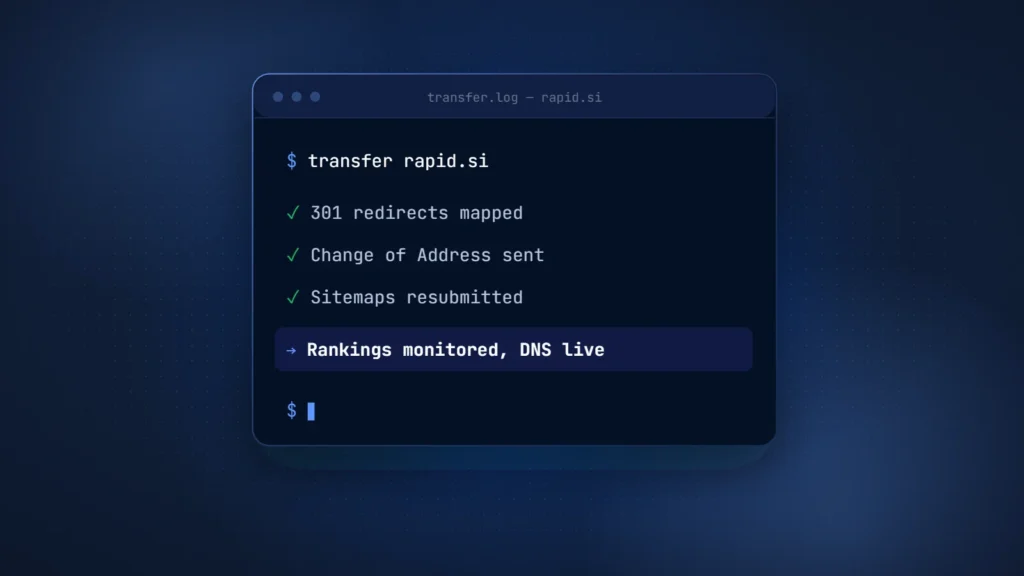 Terminal window for rapid.si listing 301 redirects mapped, Change of Address sent, sitemaps resubmitted and rankings monitored