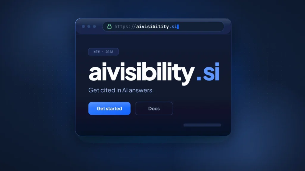 Browser window showing the domain aivisibility.si with the tagline Get cited in AI answers