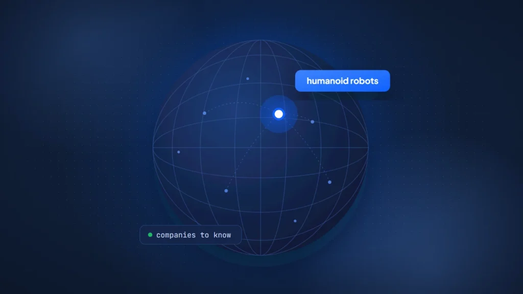 Globe illustration with a highlighted tag reading humanoid robots and a chip reading companies to know