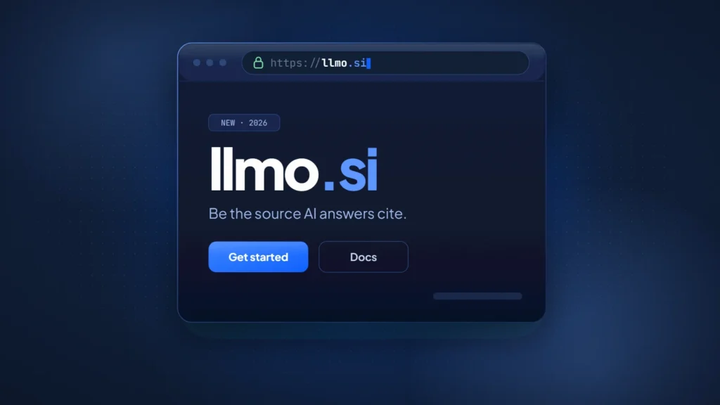 Browser window showing the domain llmo.si with the tagline Be the source AI answers cite