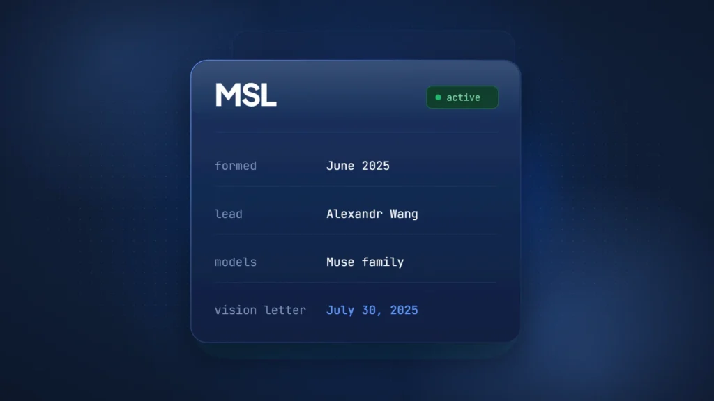 Record card titled MSL listing Meta Superintelligence Labs facts: formed June 2025, led by Alexandr Wang, Muse models and a personal superintelligence vision