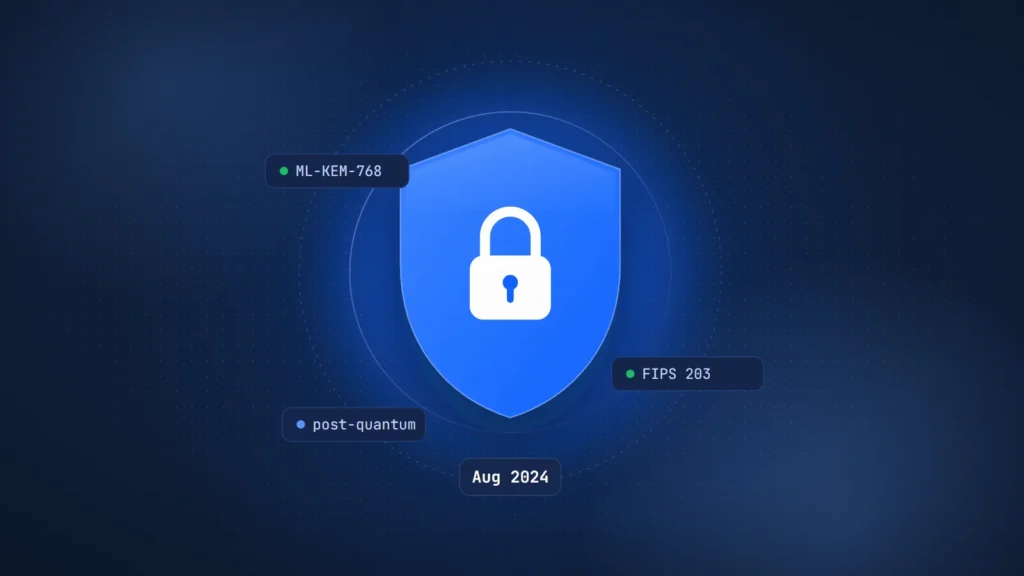 Vault illustration with a shield and chips labeled ML-KEM-768, FIPS 203 and post-quantum, tagged Aug 2024
