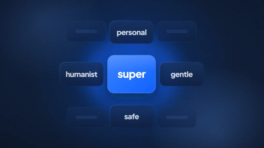 Word cards reading personal, humanist, gentle and safe arranged around a highlighted card reading super