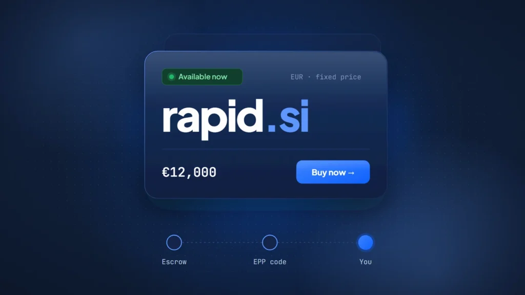 Listing card for the domain rapid.si showing a fixed asking price of €12,000 and the status Available now