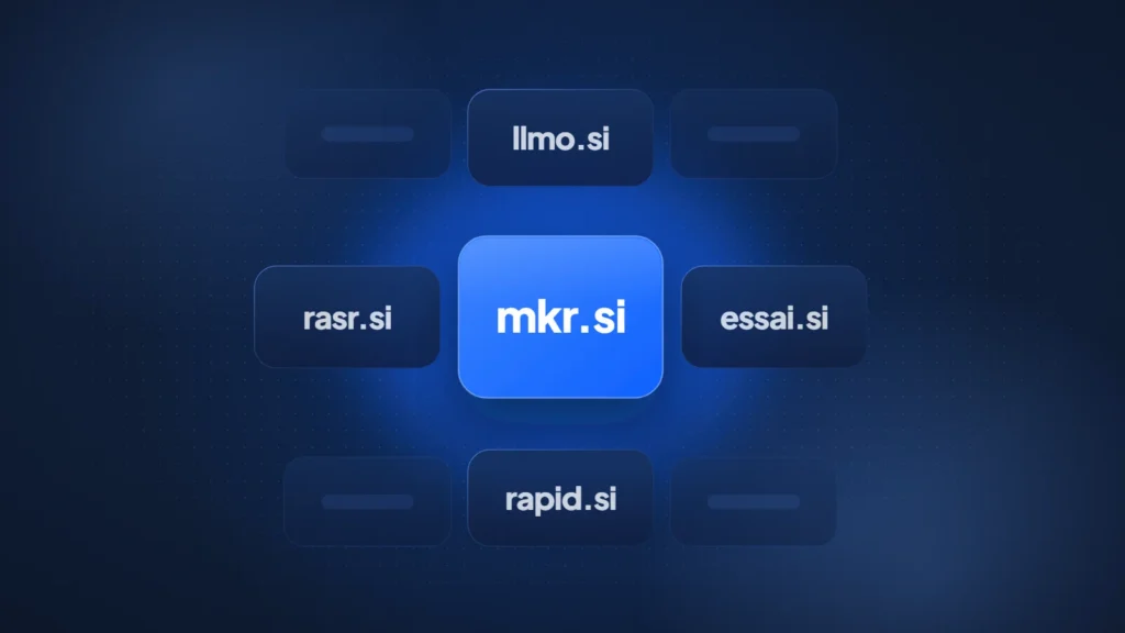 Short .si domain names shown as name cards, with the three-letter mkr.si highlighted among llmo.si, rasr.si, essai.si and rapid.si
