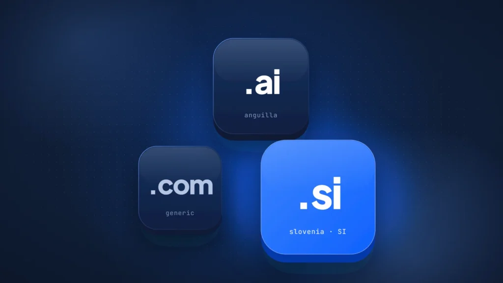 Three domain extension keycaps: .com, .ai and a highlighted .si for Slovenia