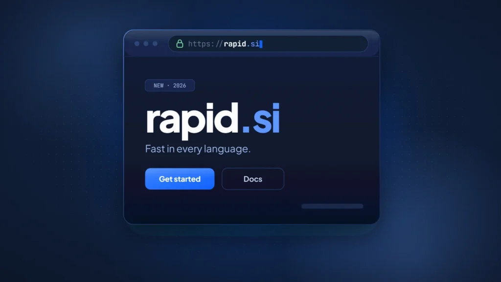 A browser window showing rapid.si with the tagline Fast in every language