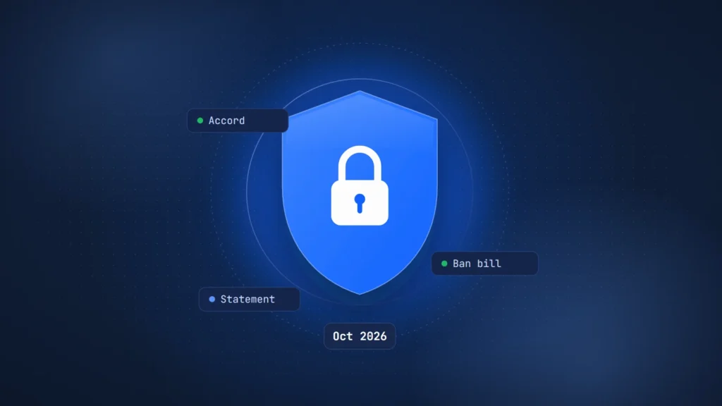 Shield with a lock, three chips labeled Accord, Ban bill and Statement, and a tag reading Oct 2026
