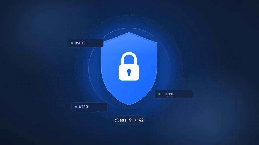 Shield with a lock surrounded by chips labeled USPTO, EUIPO and WIPO and a tag reading class 9 + 42