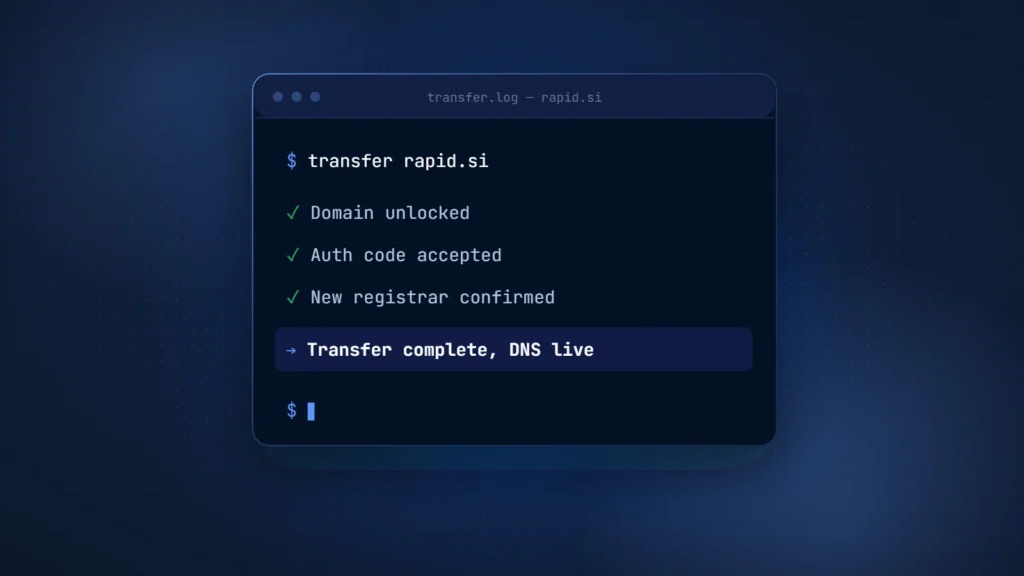 Terminal window tracking a transfer of rapid.si from lock removal and auth code acceptance to new registrar confirmation and live DNS